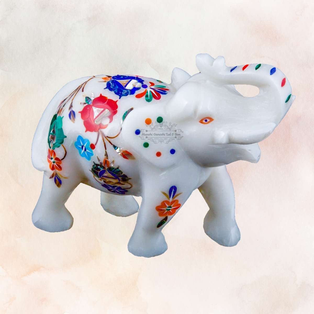 Red-Orange & Sky Blue Designed Marble Elephant